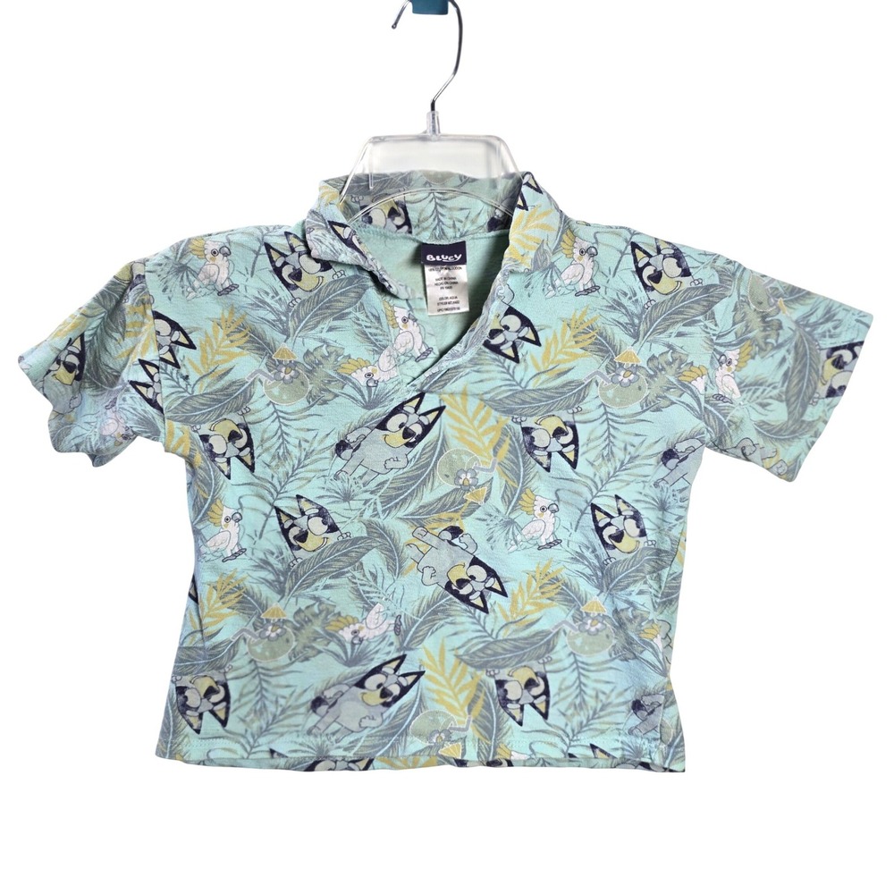 Bluey Toddler Kids Aqua Tropical Hawaiian Floral Polo Shirt Size 4T Blue Boxy